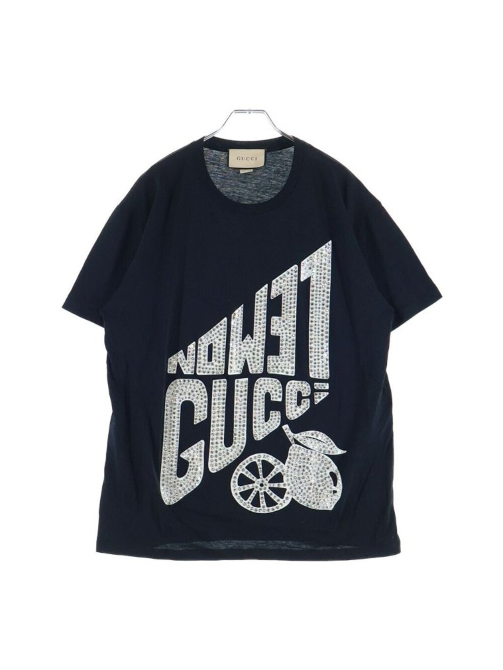 Gucci Jersey Printed T-Shirt Rhinestone Short Sleeve Logo Cotton Black